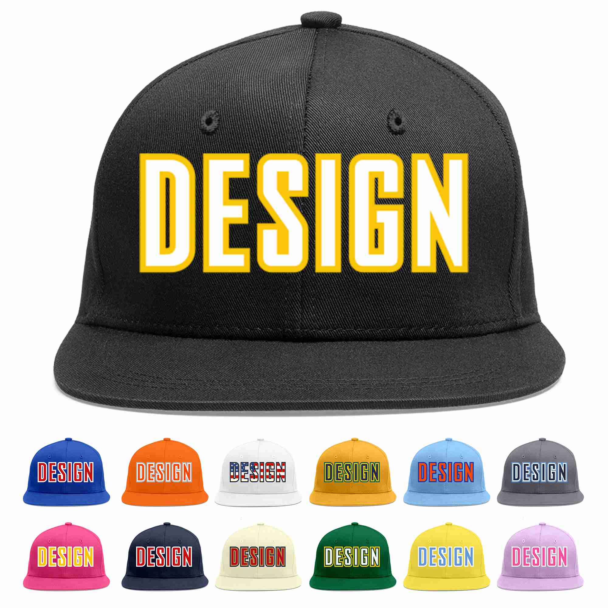 Custom Black White-Gold Flat Eaves Sport Baseball Cap Design for Men/Women/Youth