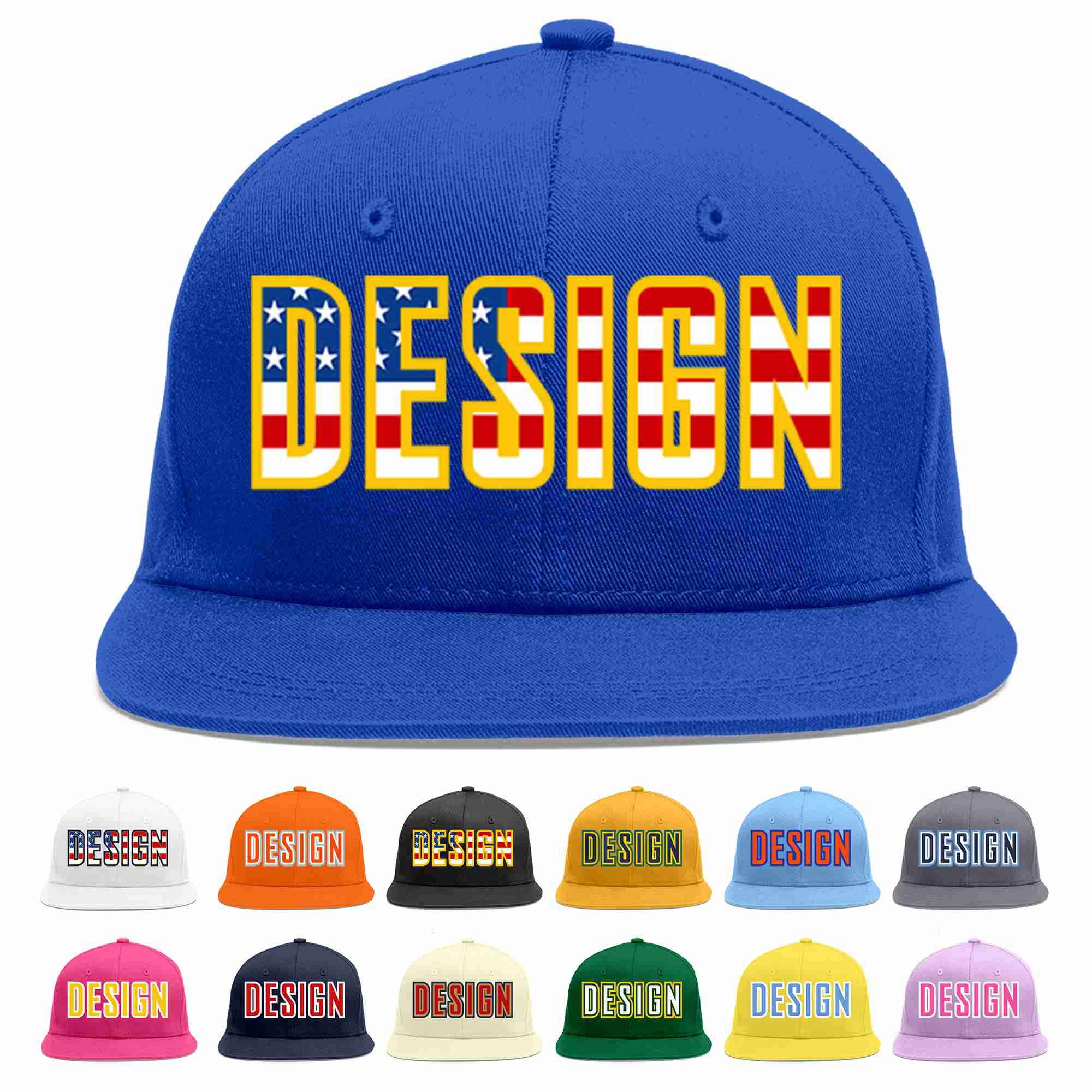 Casquette de baseball personnalisée Royal USA-Gold Flat Eaves Sport pour hommes/femmes/jeunes