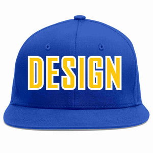 Custom Royal Gold-White Flat Eaves Sport Baseball Cap Design for Men/Women/Youth