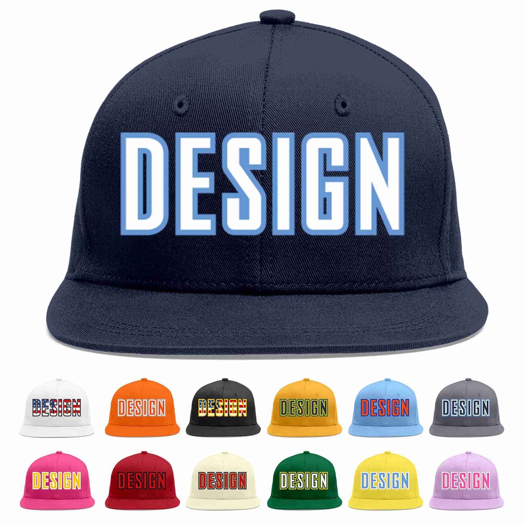 Conception personnalisée de casquette de baseball de sport à avant-toit plat bleu marine blanc-bleu clair pour hommes/femmes/jeunes