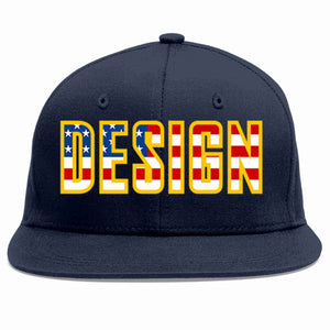 Custom Navy Vintage USA Flag-Gold Flat Eaves Sport Baseball Cap Design for Men/Women/Youth