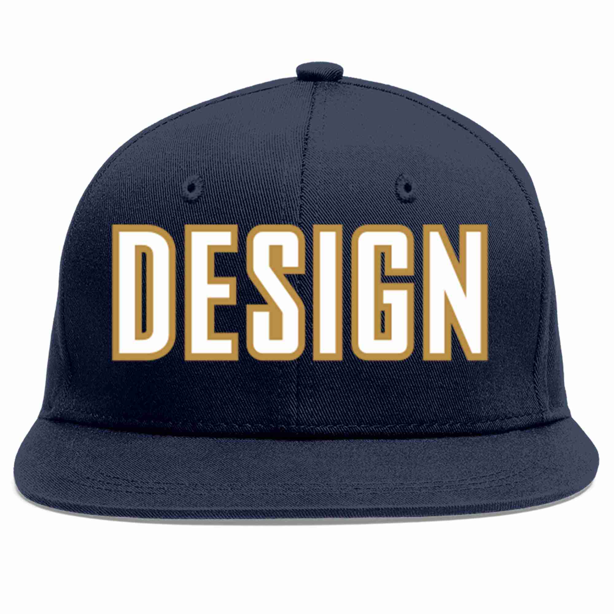 Custom Navy White-Old Gold Flat Eaves Sport Baseball Cap Design for Men/Women/Youth