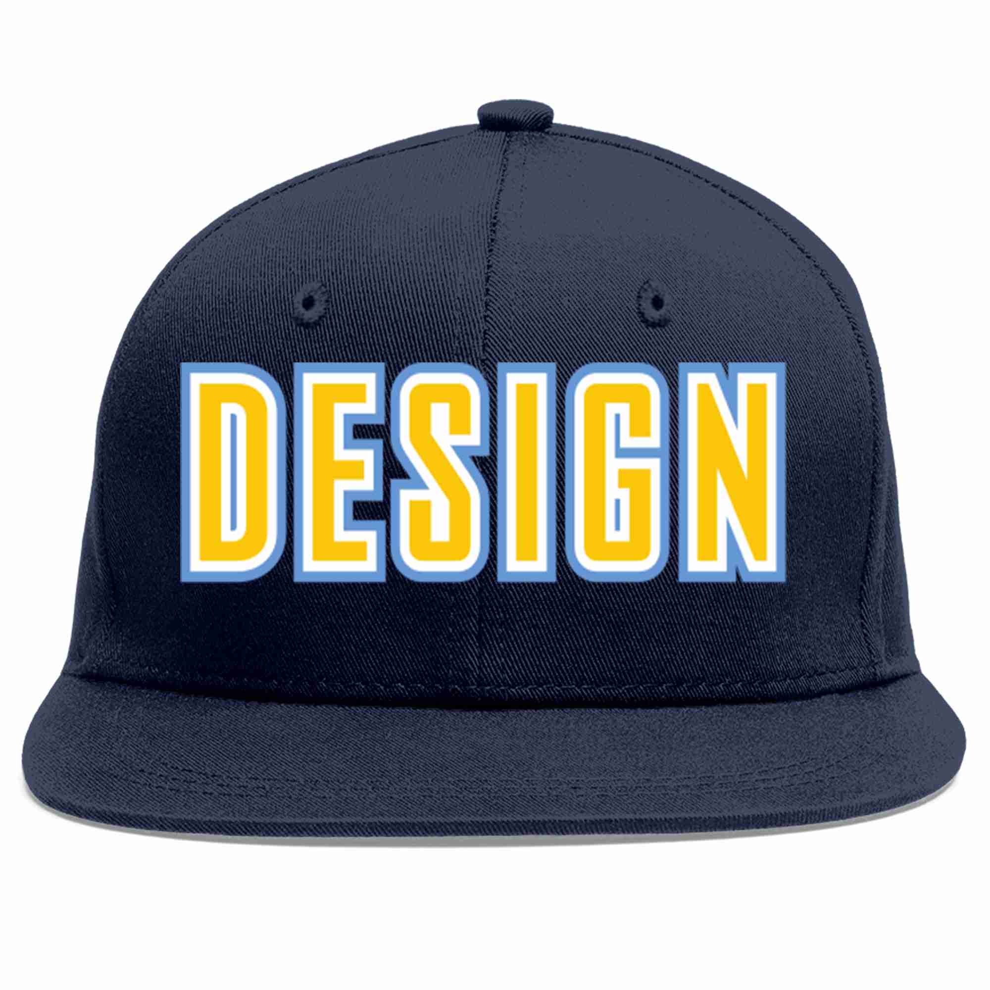 Custom Navy Gold-White Flat Eaves Sport Baseball Cap Design for Men/Women/Youth