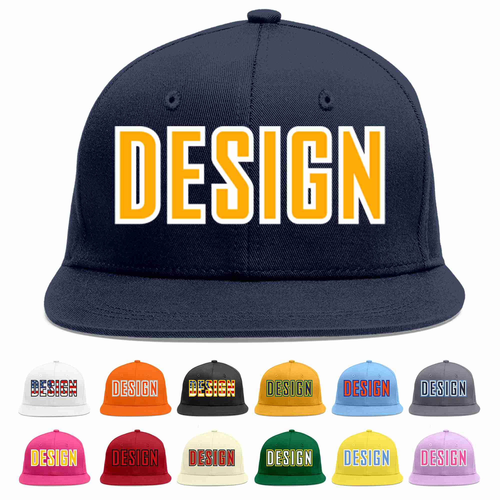 Conception personnalisée de casquette de baseball de sport à avant-toit plat jaune-blanc marine pour hommes/femmes/jeunes