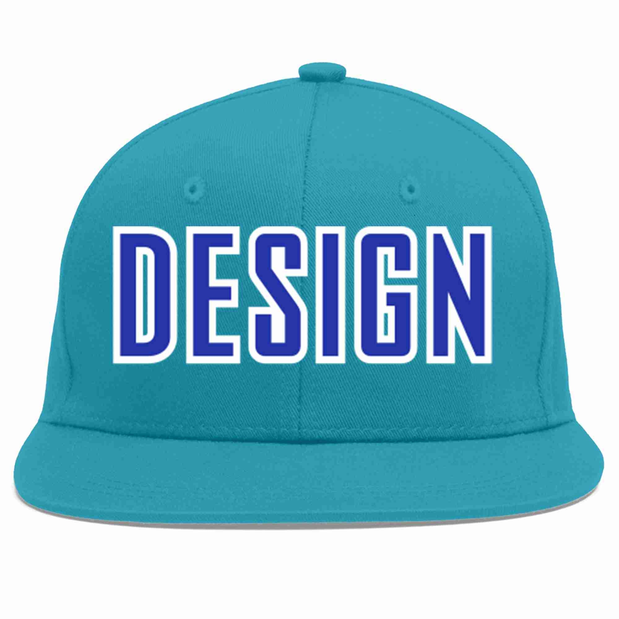 Custom Aqua Royal-White Flat Eaves Sport Baseball Cap Design for Men/Women/Youth