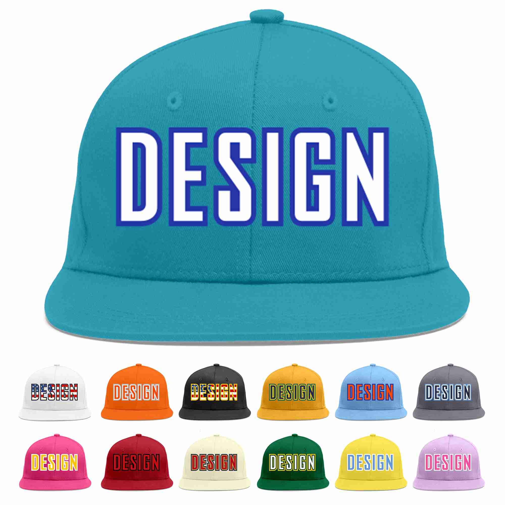 Custom Aqua White-Royal Flat Eaves Sport Baseball Cap Design for Men/Women/Youth