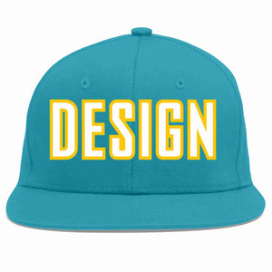 Custom Aqua White-Gold Flat Eaves Sport Baseball Cap Design for Men/Women/Youth