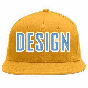 Custom Gold Light Blue-White Flat Eaves Sport Baseball Cap Design for Men/Women/Youth