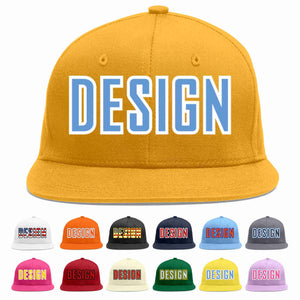 Custom Gold Light Blue-White Flat Eaves Sport Baseball Cap Design for Men/Women/Youth