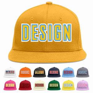 Custom Gold Gold-Powder Blue Flat Eaves Sport Baseball Cap Design for Men/Women/Youth