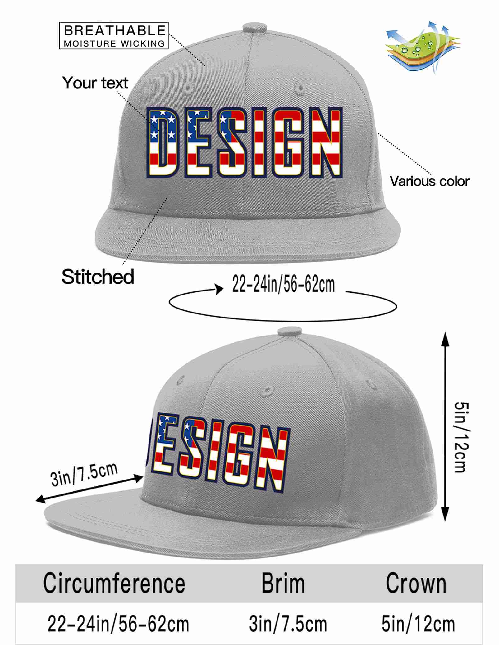 Custom Gray Vintage USA Flag-Gold Flat Eaves Sport Baseball Cap Design for Men/Women/Youth