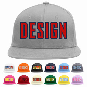 Custom Gray Red-Navy Flat Eaves Sport Baseball Cap Design for Men/Women/Youth