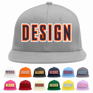 Custom Gray Navy-Orange Flat Eaves Sport Baseball Cap Design for Men/Women/Youth