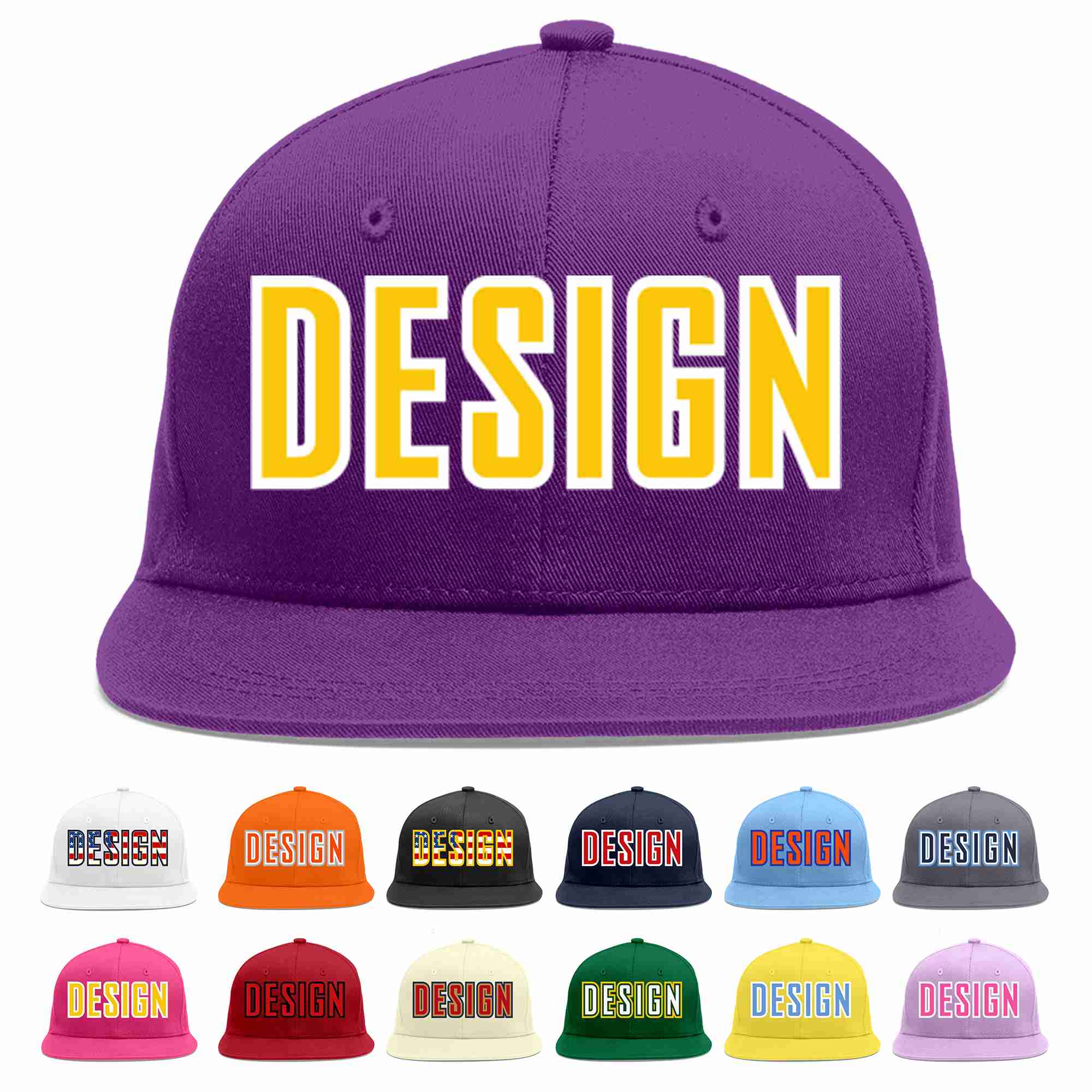 Conception personnalisée de casquette de baseball de sport à avant-toit plat violet or-blanc pour hommes/femmes/jeunes