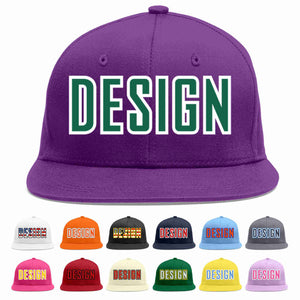 Custom Purple Kelly Green-White Flat Eaves Sport Baseball Cap Design for Men/Women/Youth