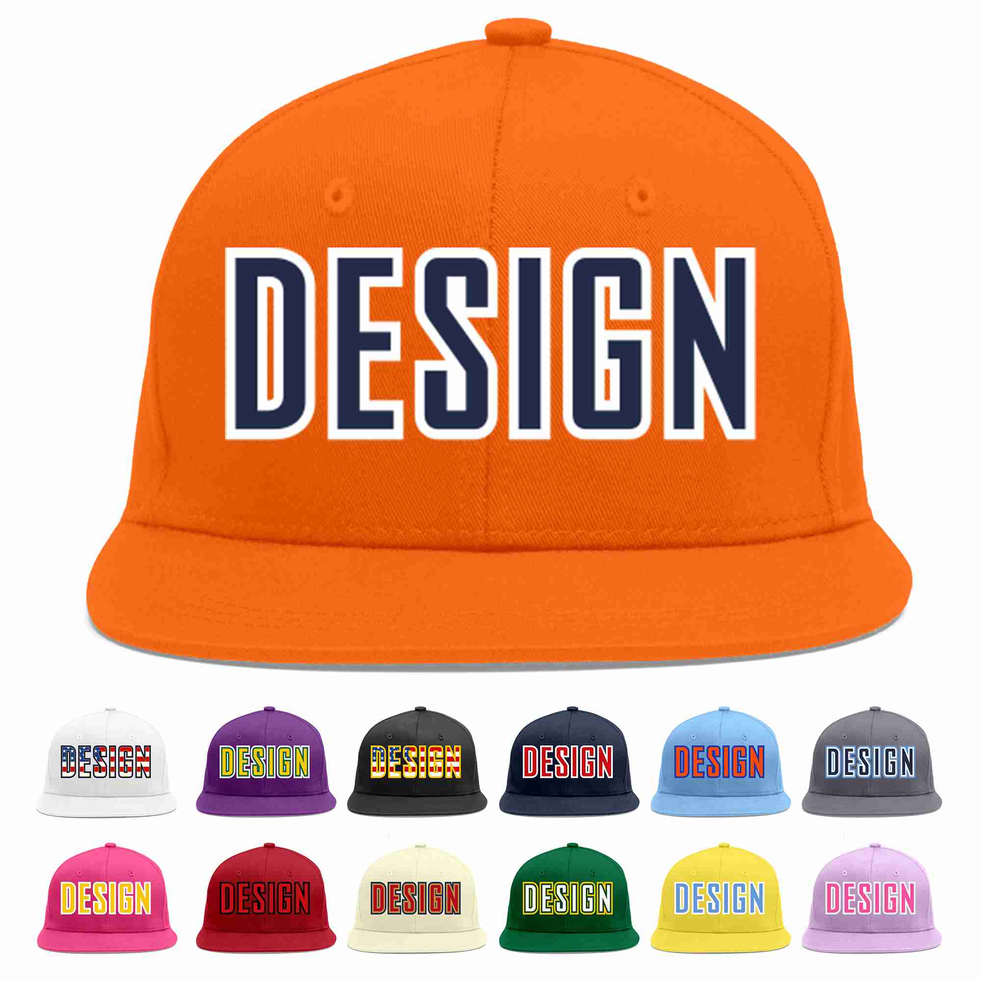 Custom Orange Navy-White Flat Eaves Sport Baseball Cap Design for Men/Women/Youth