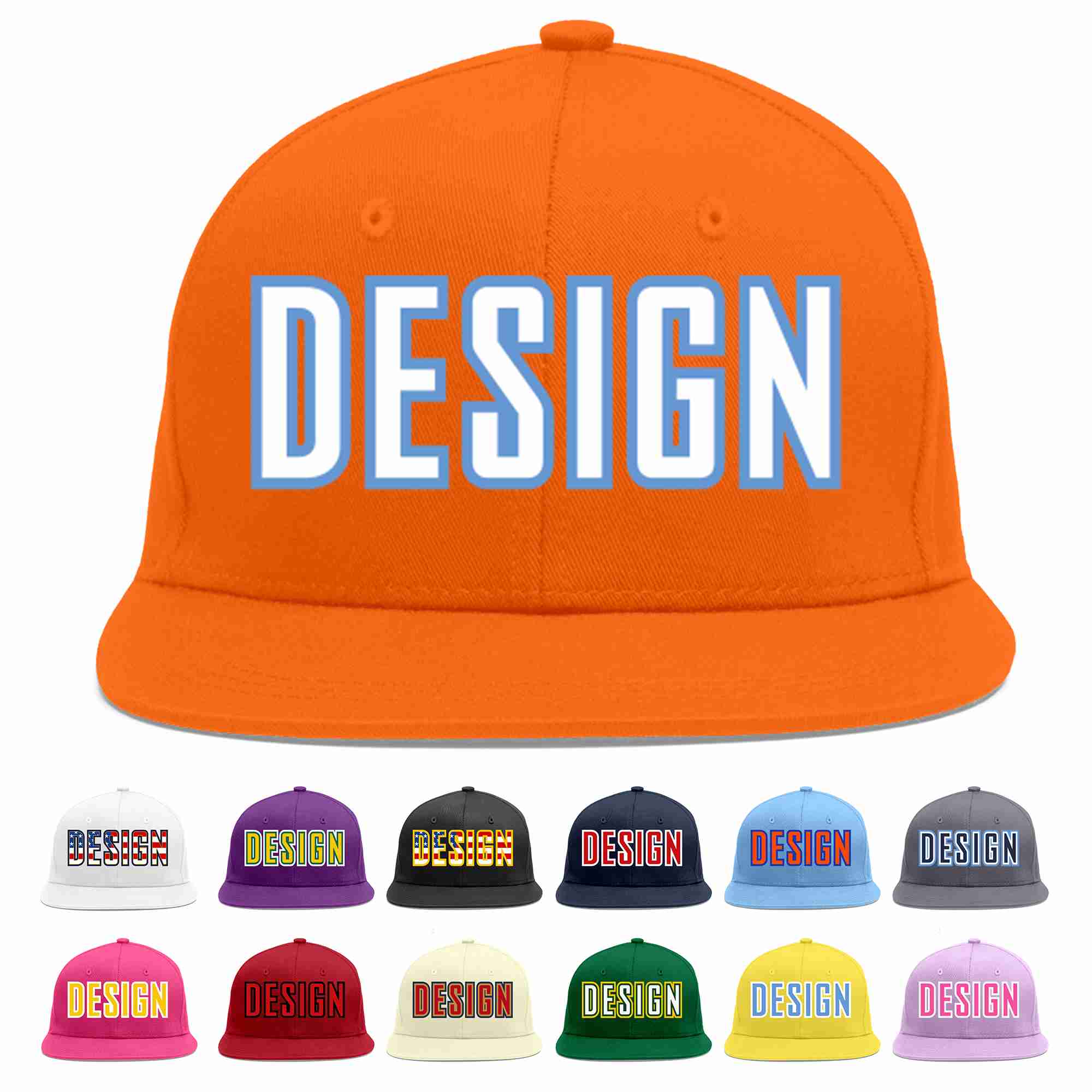 Conception personnalisée de casquette de baseball de sport à avant-toit plat orange blanc-bleu clair pour hommes/femmes/jeunes