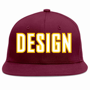 Custom Crimson White-Gold Flat Eaves Sport Baseball Cap Design for Men/Women/Youth