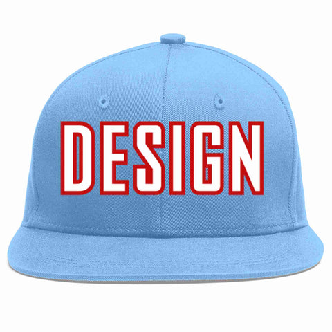 Custom Light Blue White-Red Flat Eaves Sport Baseball Cap Design for Men/Women/Youth