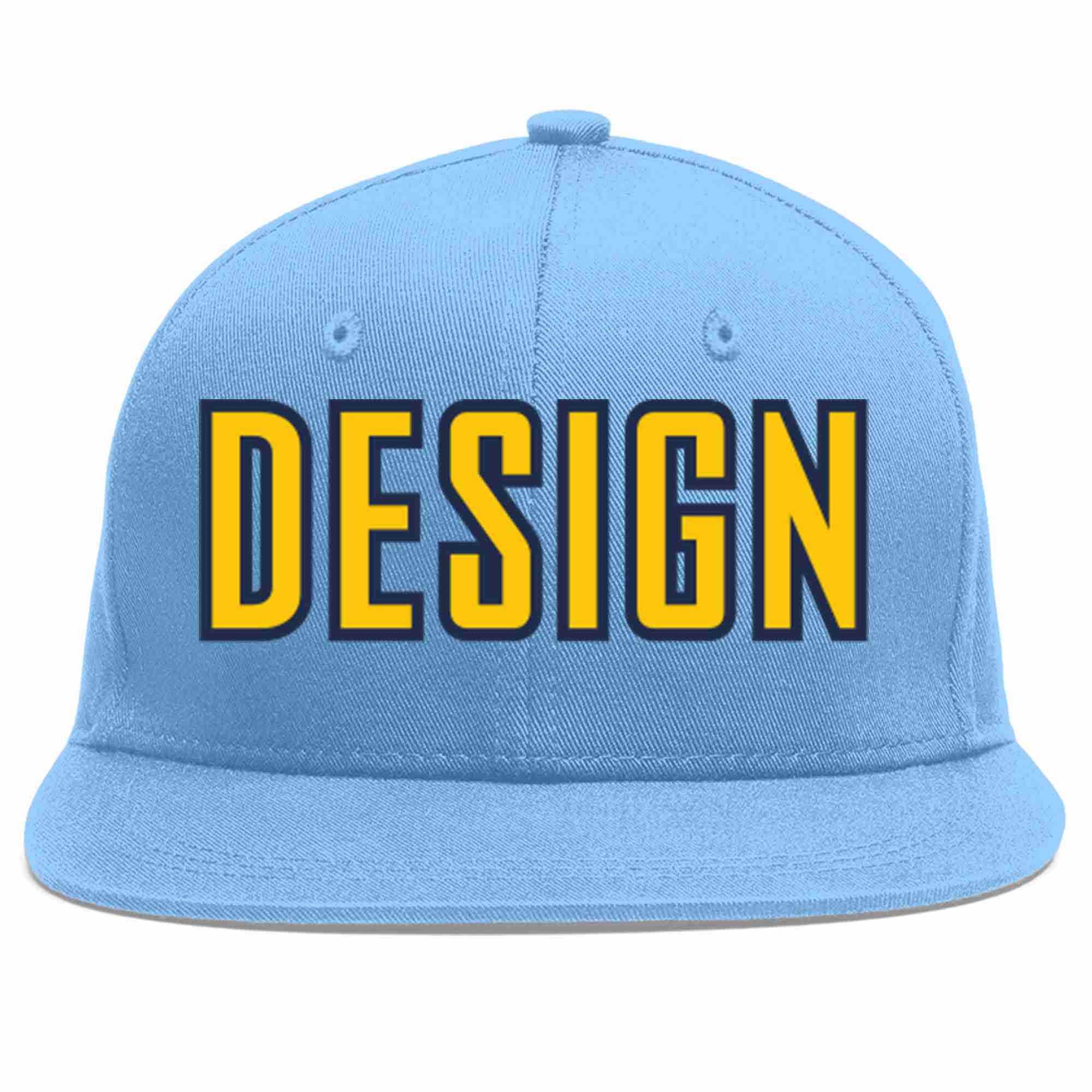 Custom Light Blue Gold-Navy Flat Eaves Sport Baseball Cap Design for Men/Women/Youth