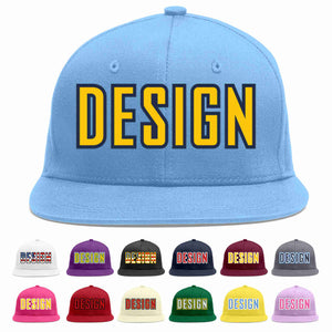 Custom Light Blue Gold-Navy Flat Eaves Sport Baseball Cap Design for Men/Women/Youth