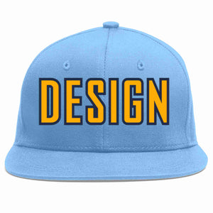 Custom Light Blue Yellow-Navy Flat Eaves Sport Baseball Cap Design for Men/Women/Youth