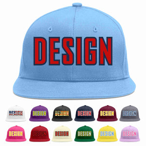 Custom Light Blue Red-Navy Flat Eaves Sport Baseball Cap Design for Men/Women/Youth