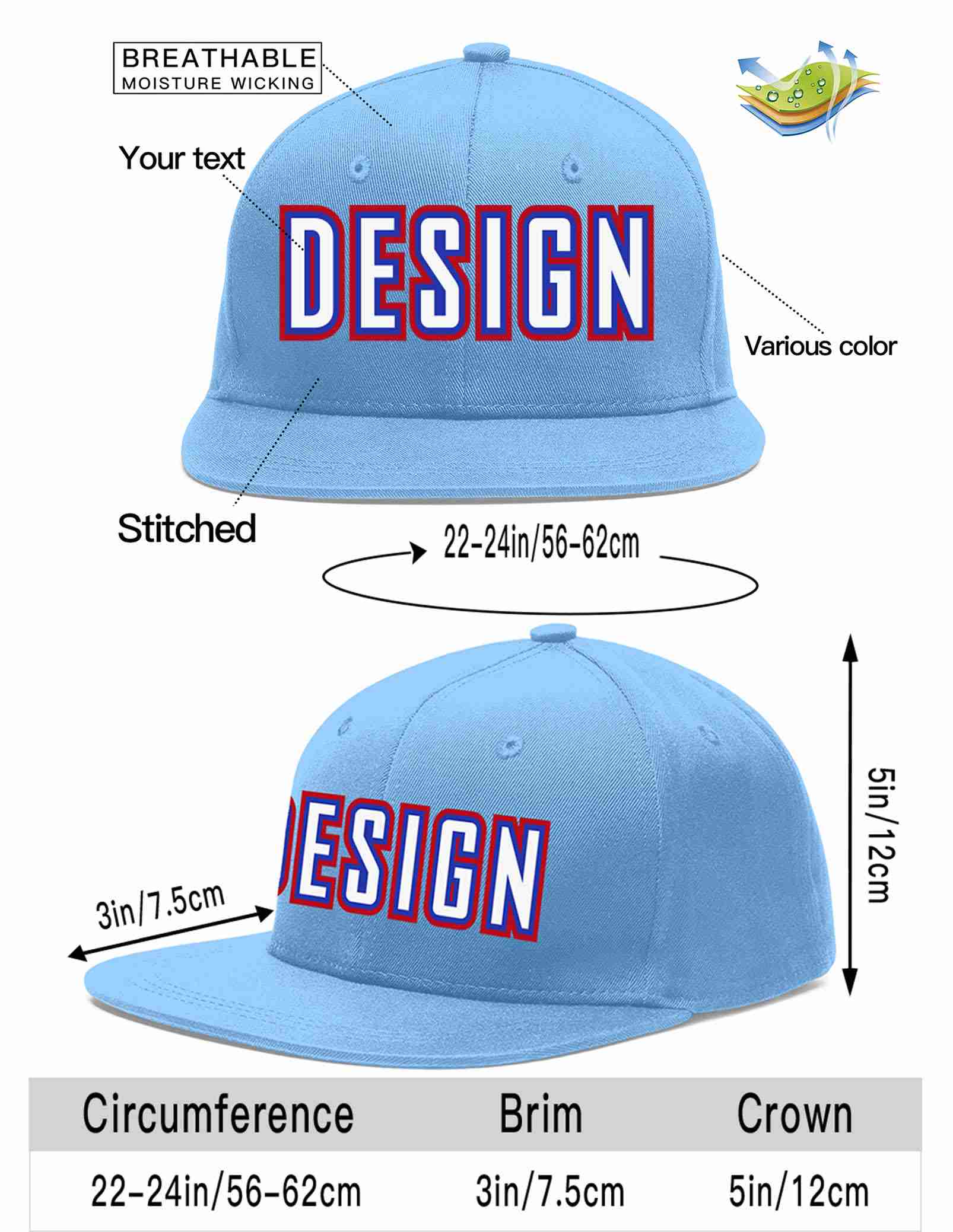 Custom Light Blue White-Royal Flat Eaves Sport Baseball Cap Design for Men/Women/Youth