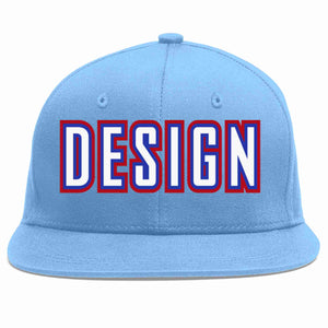 Custom Light Blue White-Royal Flat Eaves Sport Baseball Cap Design for Men/Women/Youth