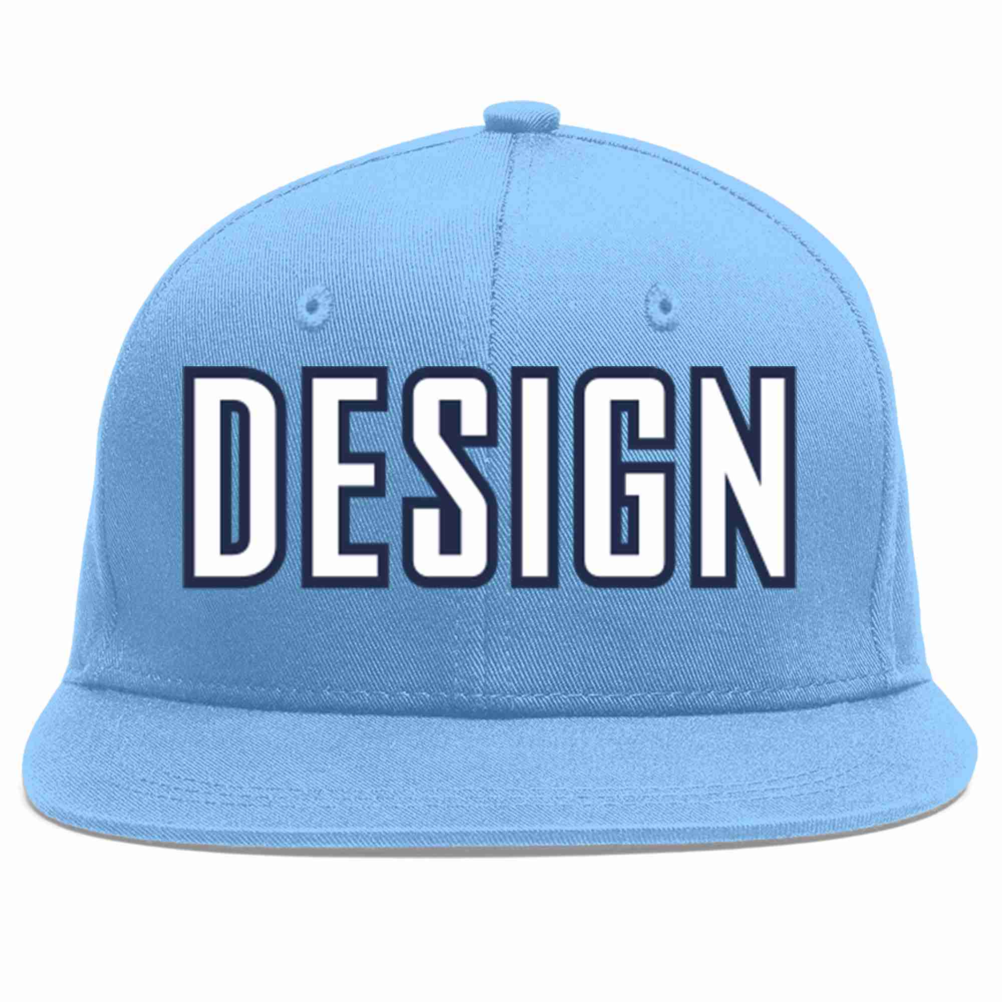 Custom Light Blue White-Navy Flat Eaves Sport Baseball Cap Design for Men/Women/Youth