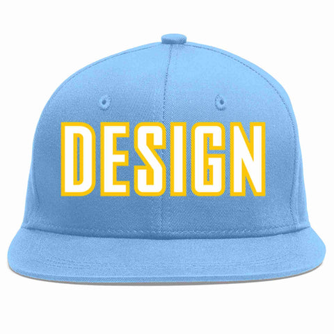 Custom Light Blue White-Gold Flat Eaves Sport Baseball Cap Design for Men/Women/Youth
