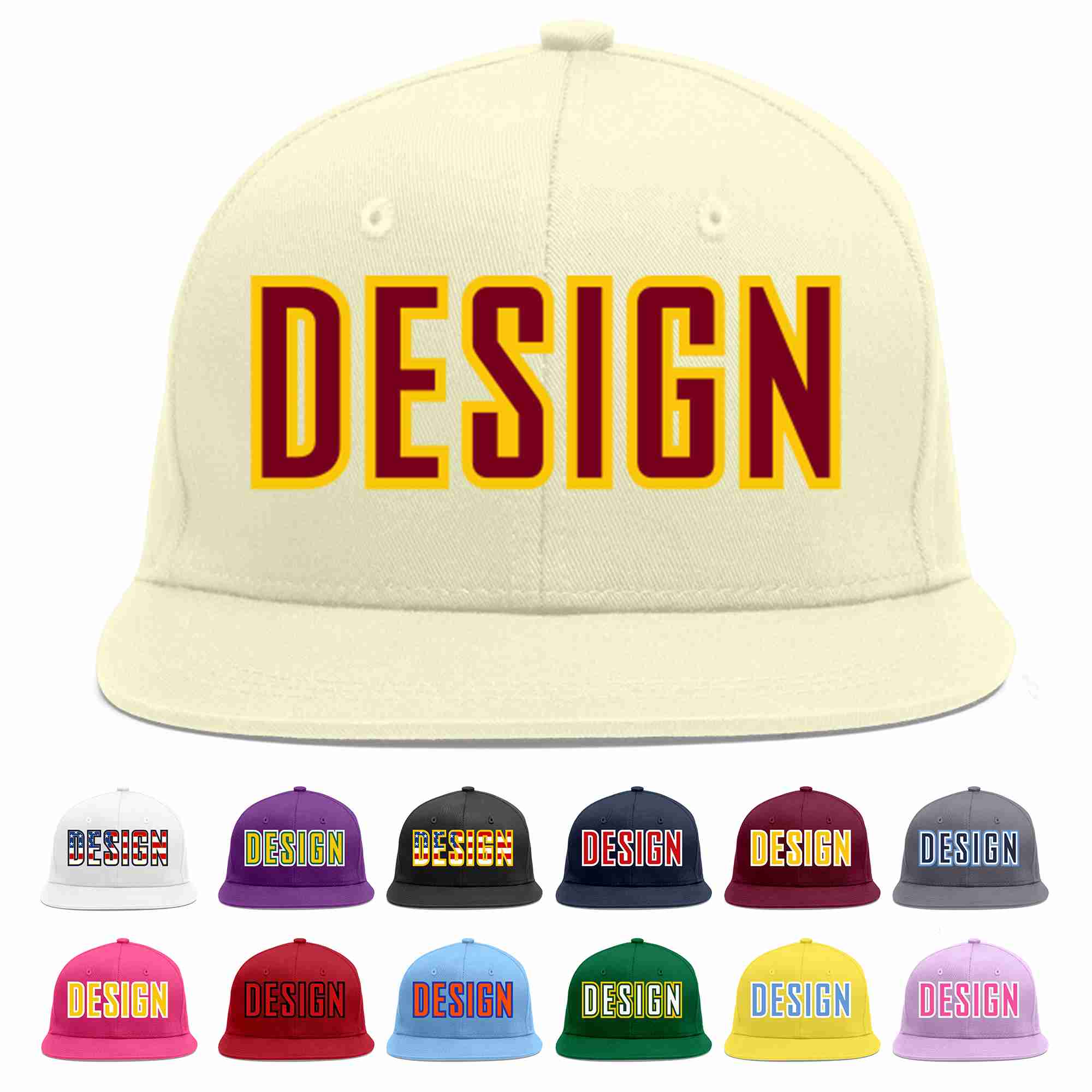 Custom Cream Crimson-Gold Flat Eaves Sport Baseball Cap Design for Men/Women/Youth