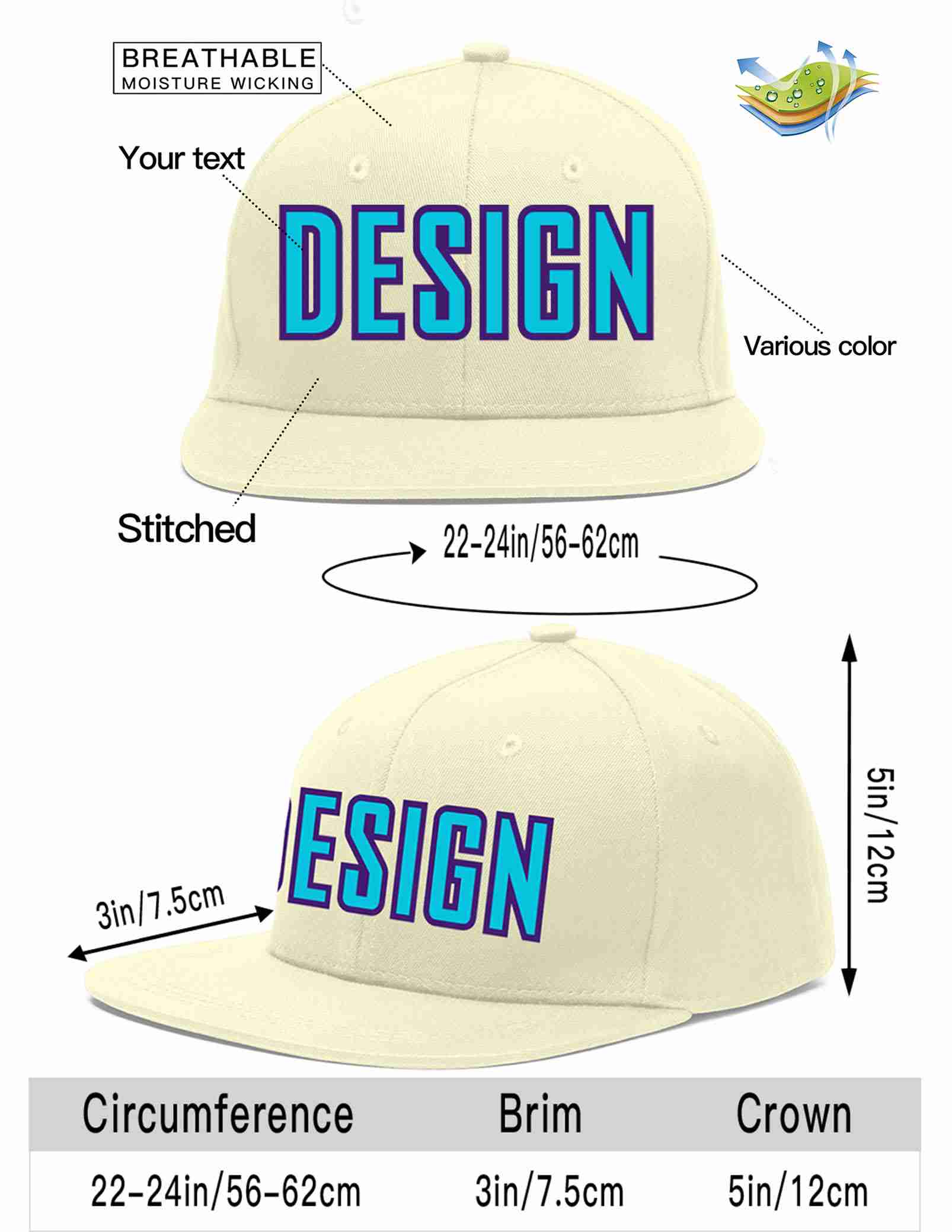 Custom Cream Light Blue-purple Flat Eaves Sport Baseball Cap Design for Men/Women/Youth