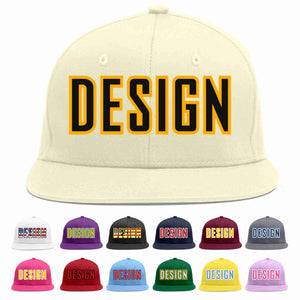 Custom Cream Black-Yellow Flat Eaves Sport Baseball Cap Design for Men/Women/Youth