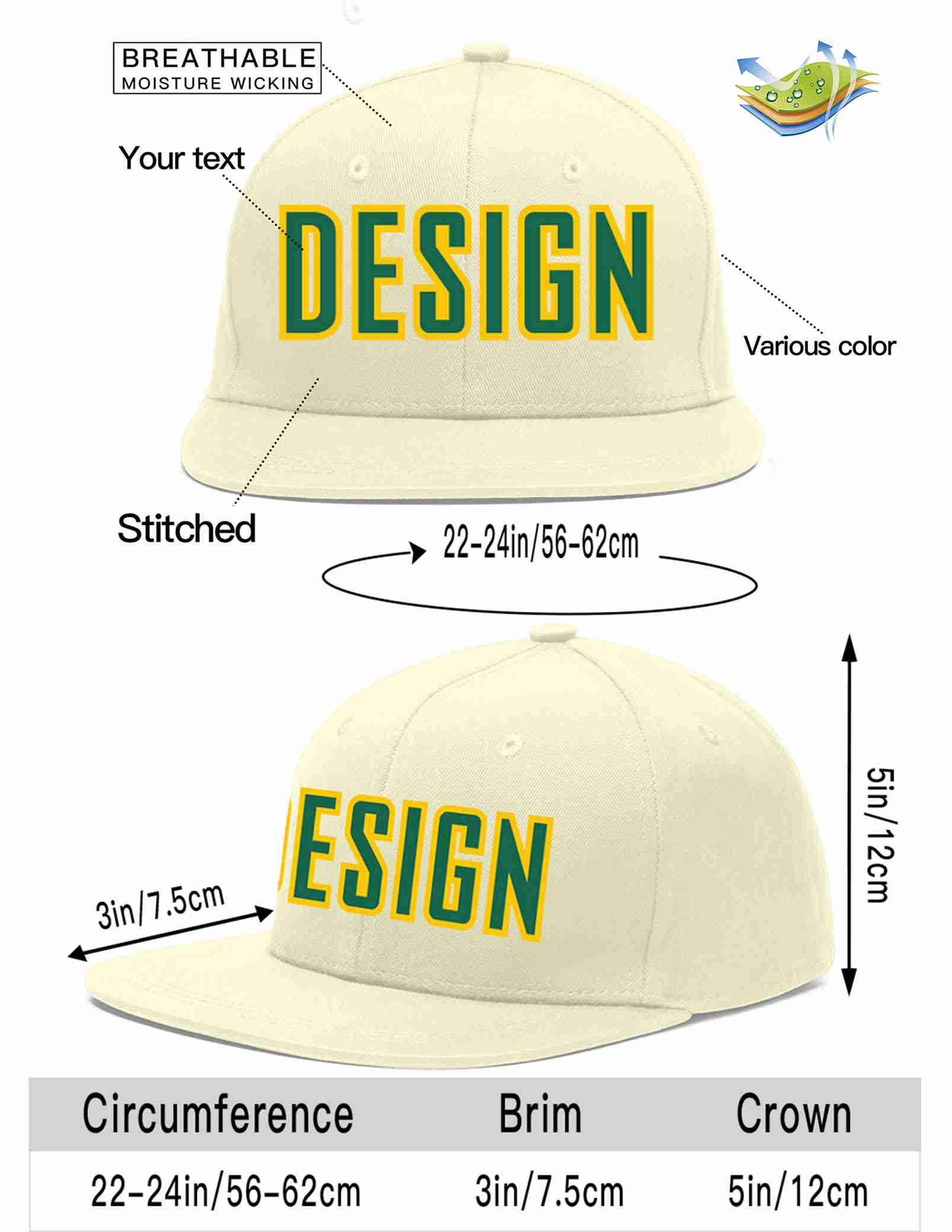 Custom Cream Kelly Green-Gold Flat Eaves Sport Baseball Cap Design for Men/Women/Youth