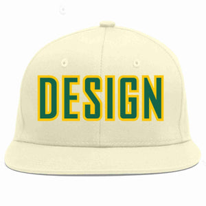 Custom Cream Kelly Green-Gold Flat Eaves Sport Baseball Cap Design for Men/Women/Youth