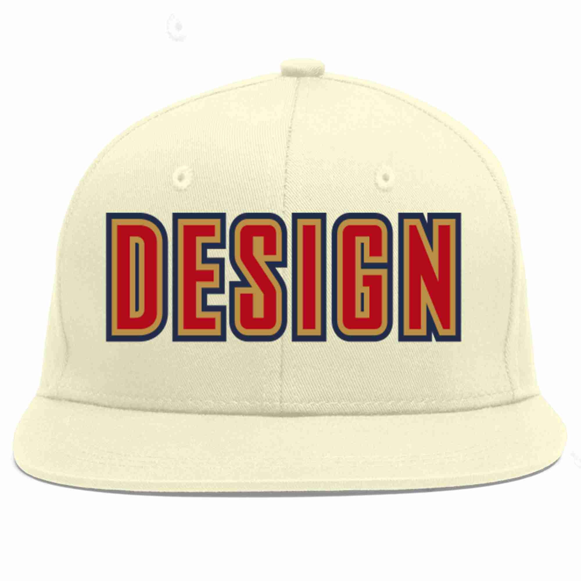 Conception personnalisée de casquette de baseball de sport à avant-toit plat rouge-vieil or crème pour hommes/femmes/jeunes