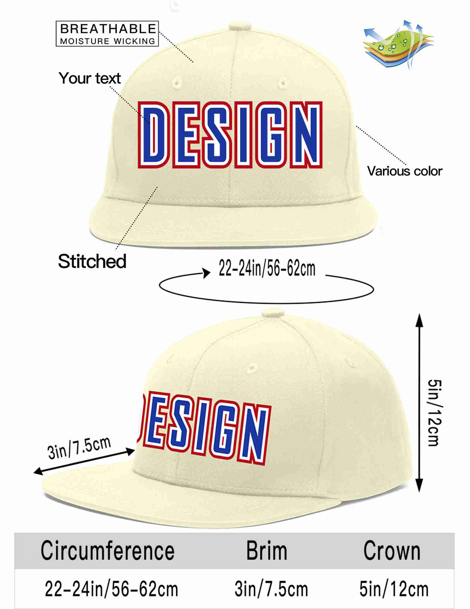 Custom Cream Royal-White Flat Eaves Sport Baseball Cap Design for Men/Women/Youth