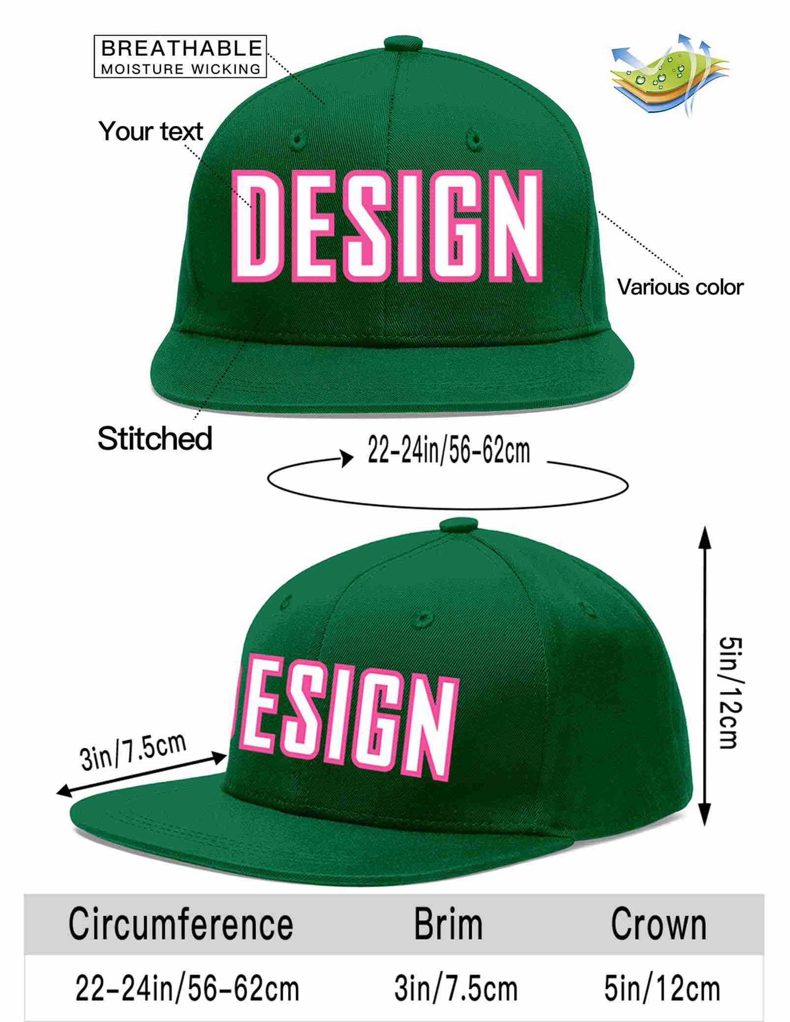 Custom Green White-Pink Flat Eaves Sport Baseball Cap Design for Men/Women/Youth