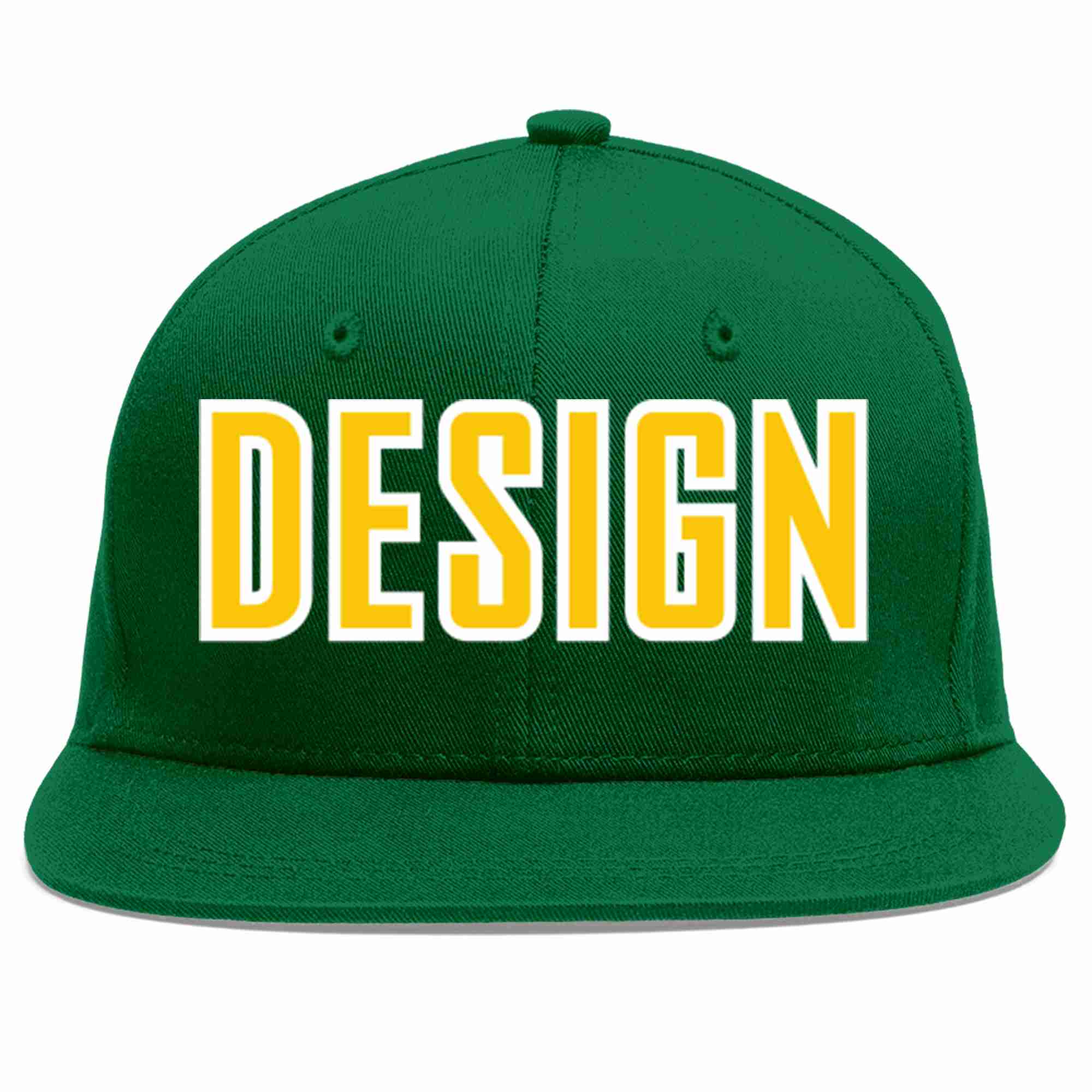 Conception personnalisée de casquette de baseball de sport à avant-toit plat vert or-blanc pour hommes/femmes/jeunes