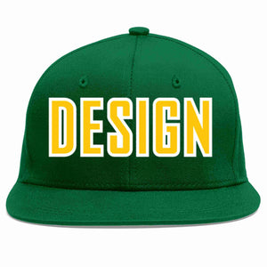 Custom Green Gold-White Flat Eaves Sport Baseball Cap Design for Men/Women/Youth