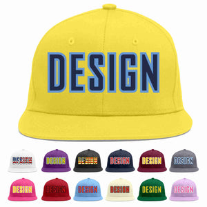 Custom Light Gold Navy-Light Blue Flat Eaves Sport Baseball Cap Design for Men/Women/Youth