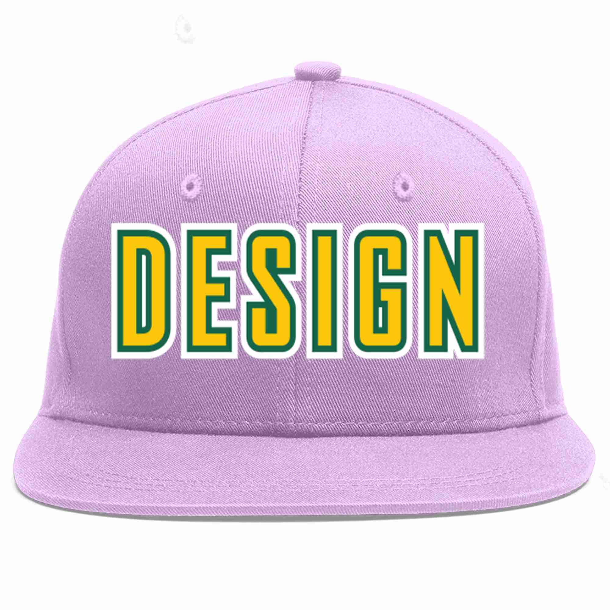 Custom Light Purple Gold-Kelly Green Flat Eaves Sport Baseball Cap Design for Men/Women/Youth