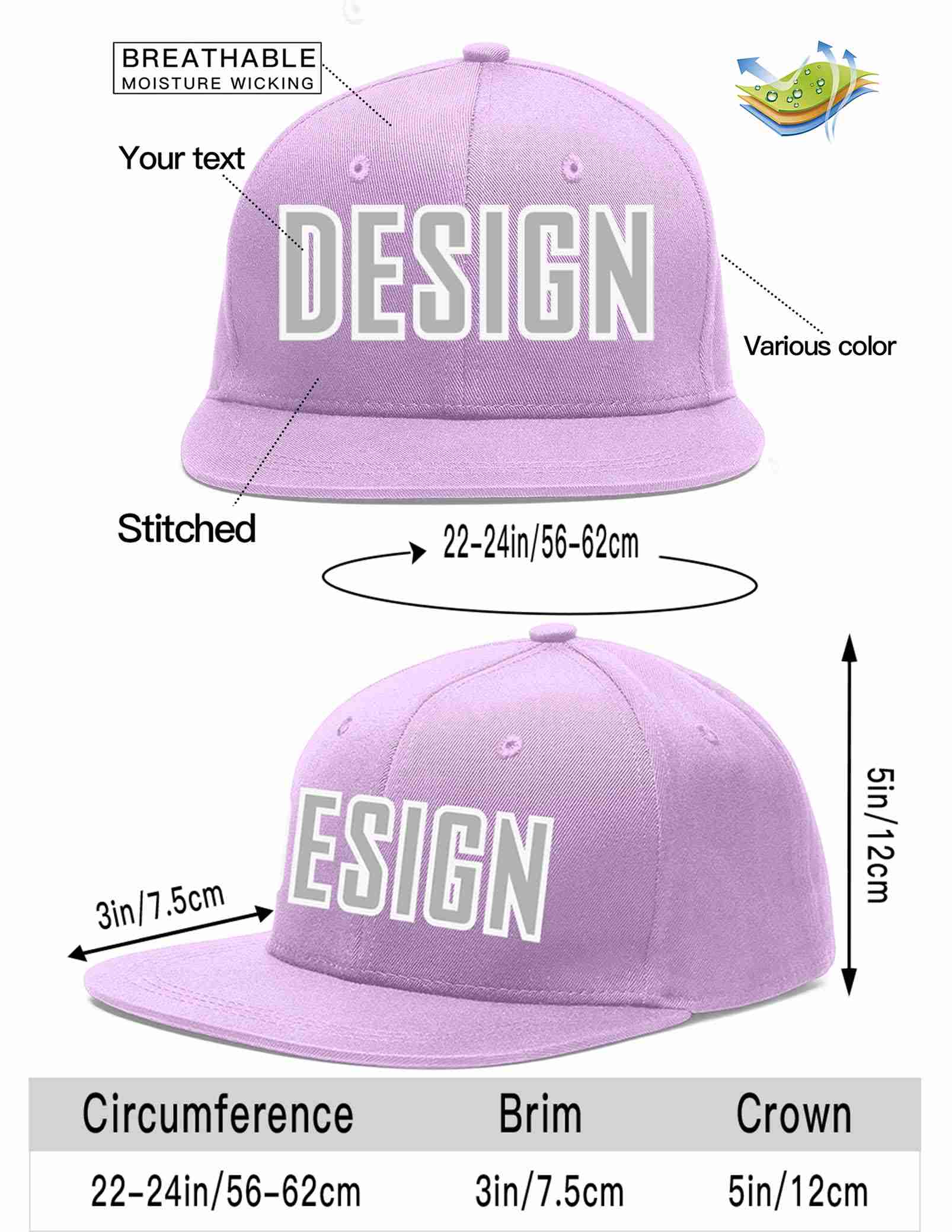 Custom Light Purple Gray-White Flat Eaves Sport Baseball Cap Design for Men/Women/Youth