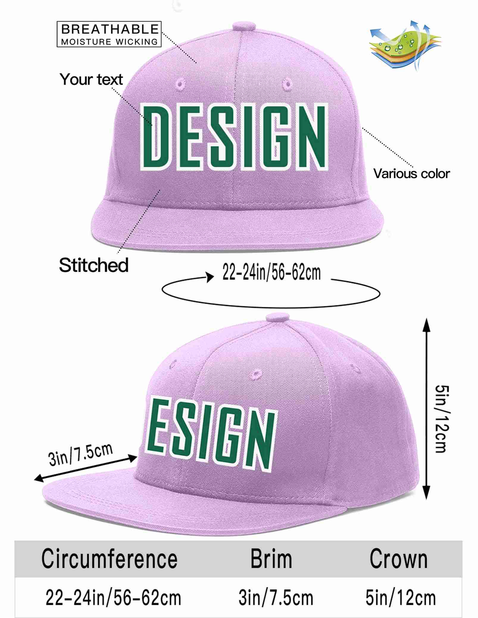 Custom Light Purple Kelly Green-White Flat Eaves Sport Baseball Cap Design for Men/Women/Youth