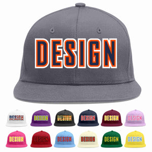 Custom Dark Gray Navy-Orange Flat Eaves Sport Baseball Cap Design for Men/Women/Youth