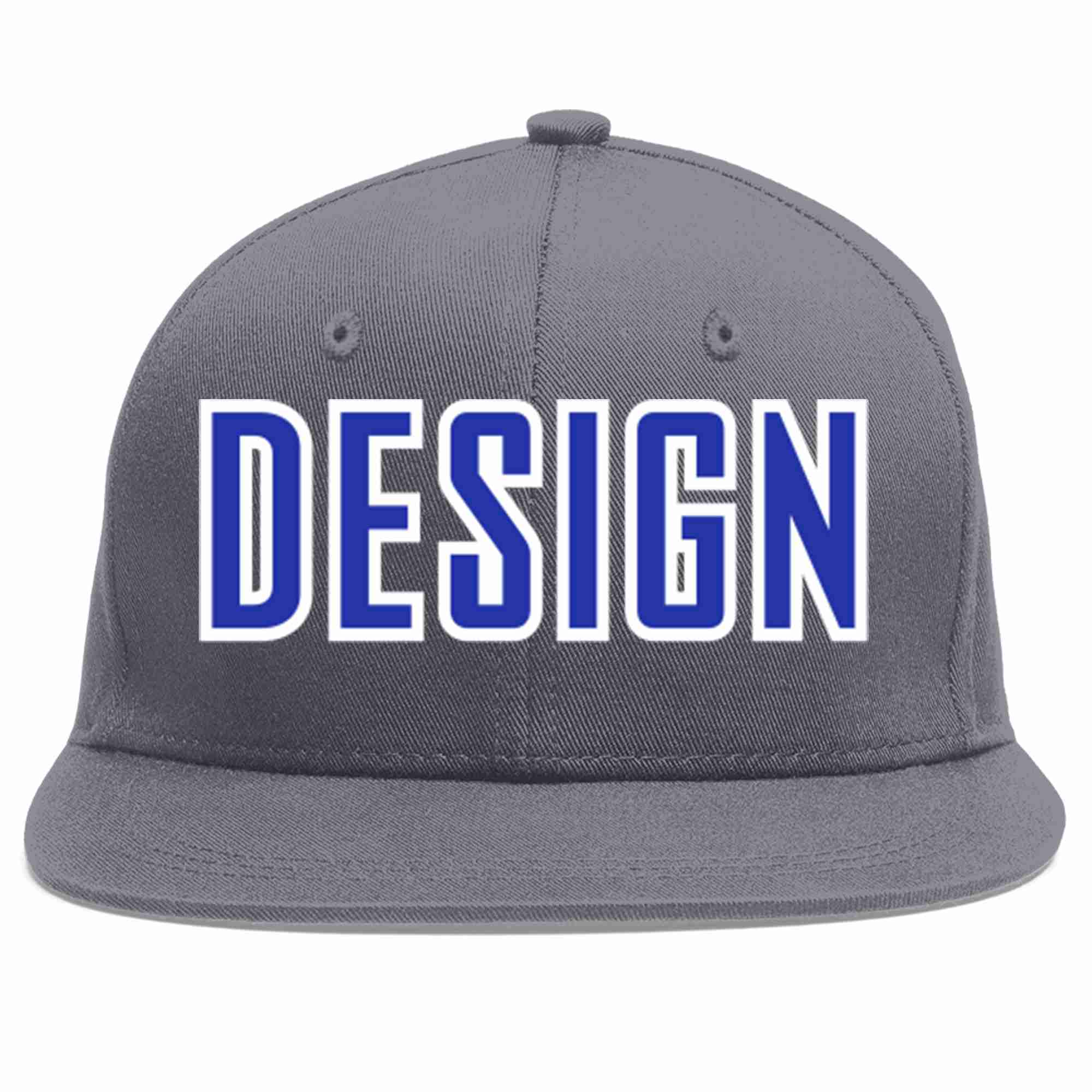 Custom Dark Gray Royal-White Flat Eaves Sport Baseball Cap Design for Men/Women/Youth