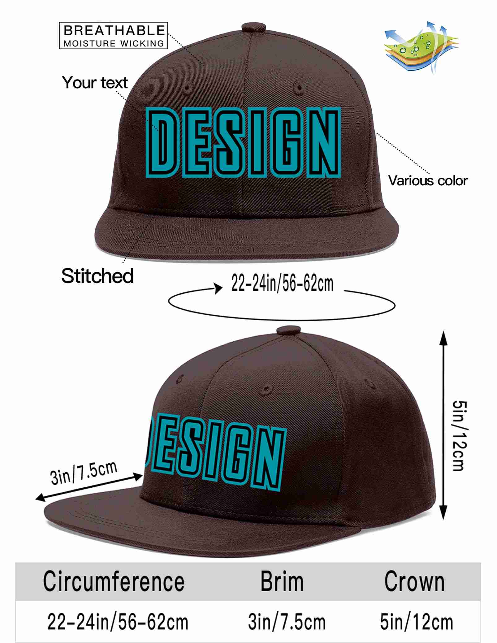 Custom Brown Aqua-Black Flat Eaves Sport Baseball Cap Design for Men/Women/Youth