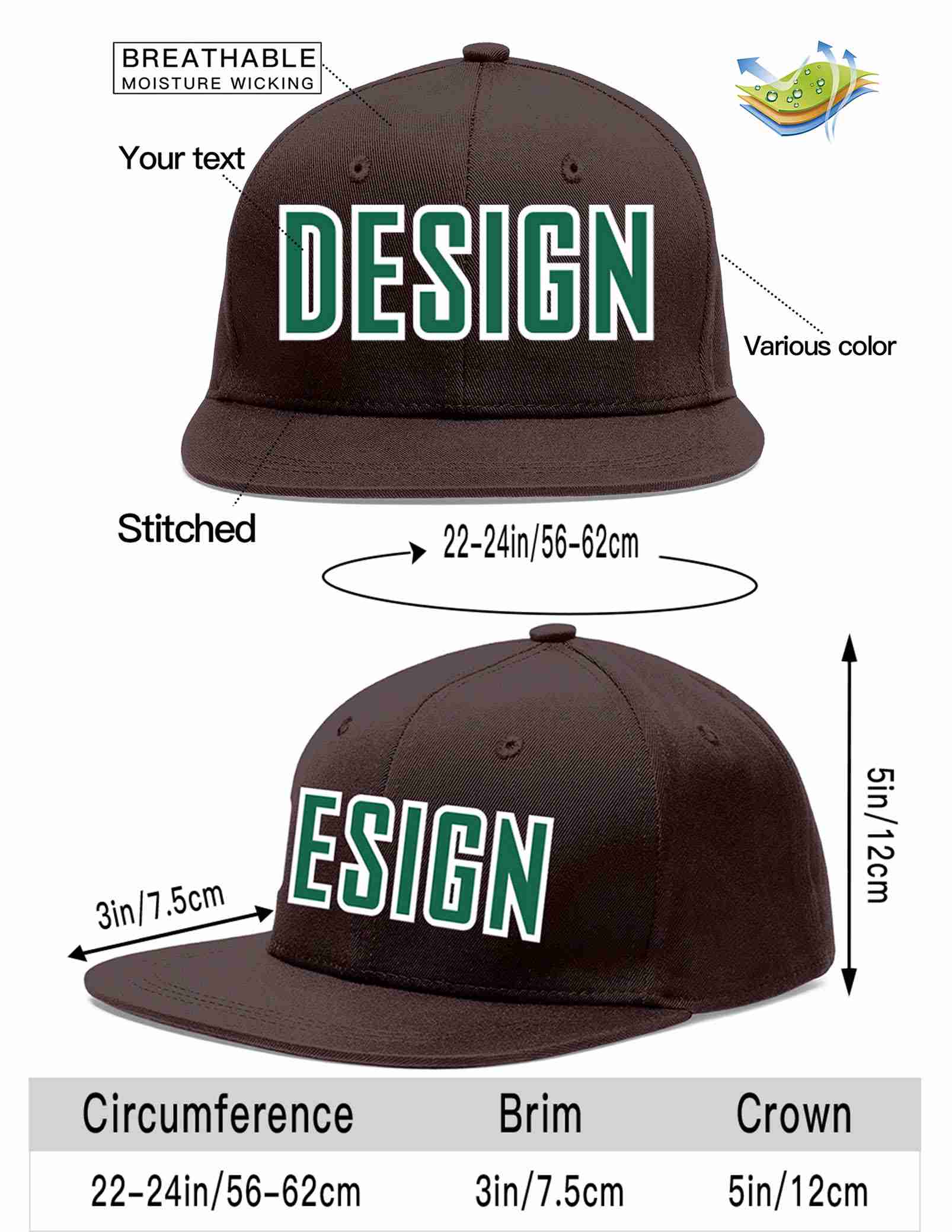 Custom Brown Kelly Green-White Flat Eaves Sport Baseball Cap Design for Men/Women/Youth