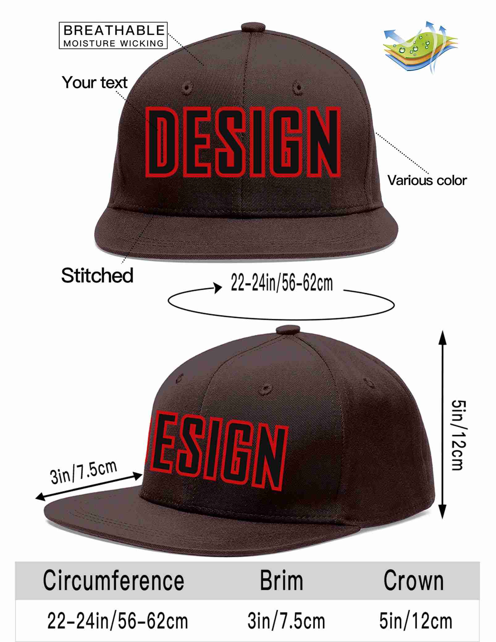 Custom Brown Black-Red Flat Eaves Sport Baseball Cap Design for Men/Women/Youth